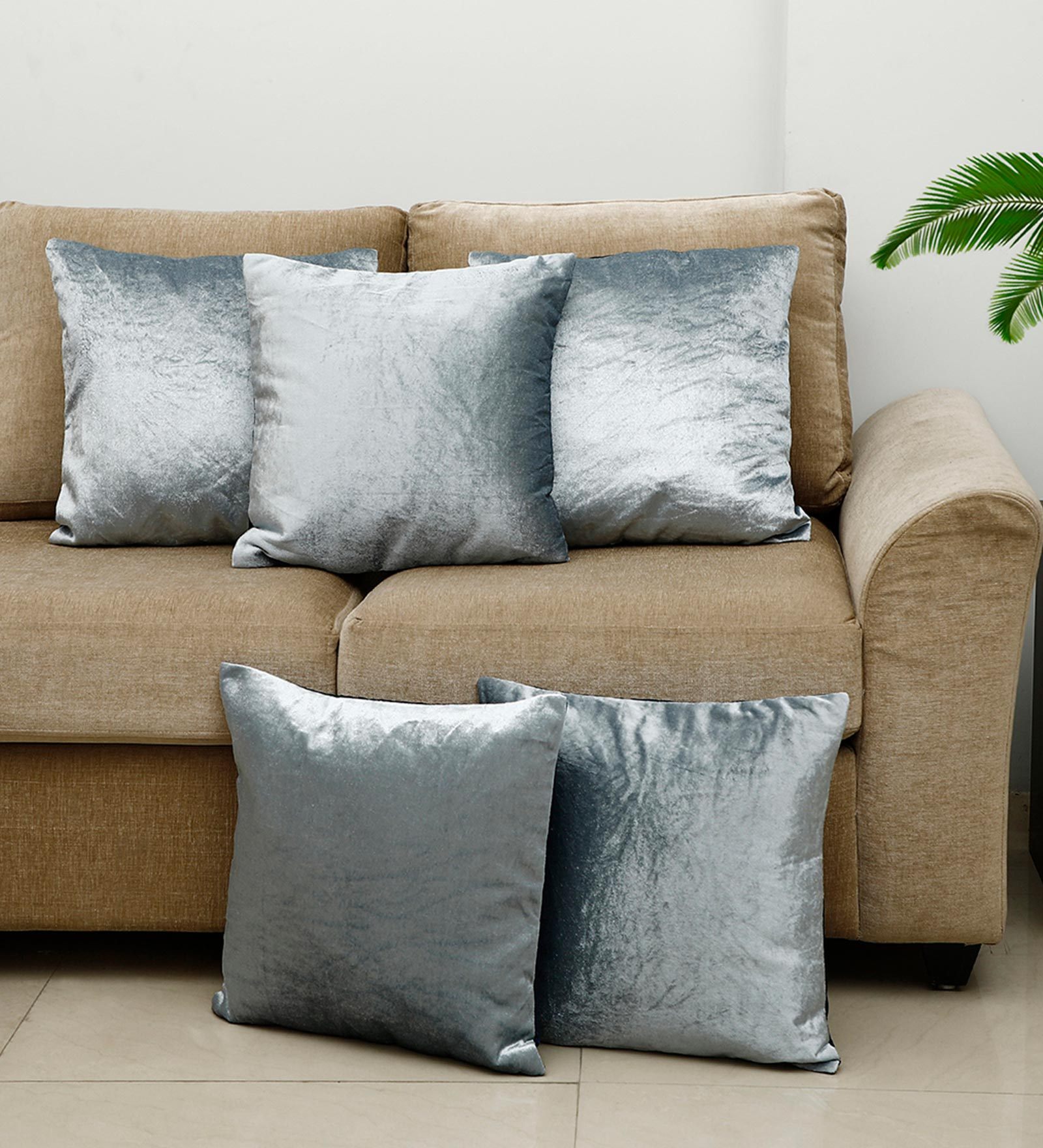 Buy Silver Solid Velvet 16 x 16 Inches Cushion Covers (Set of 5) by