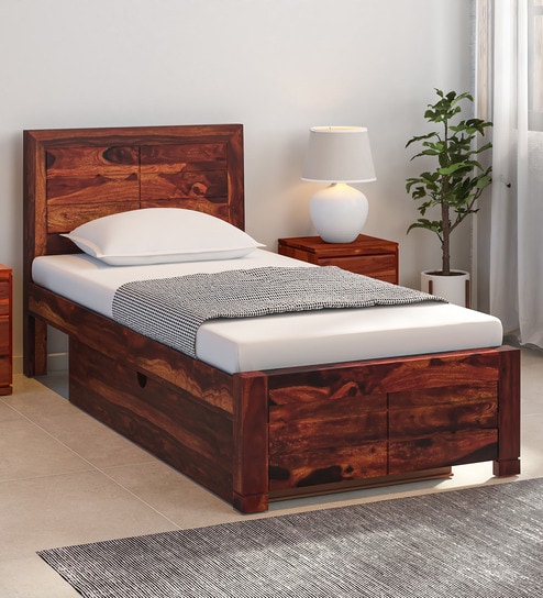 Buy Segur Sheesham Wood Single Bed With Drawer Storage In Rustic Teak ...