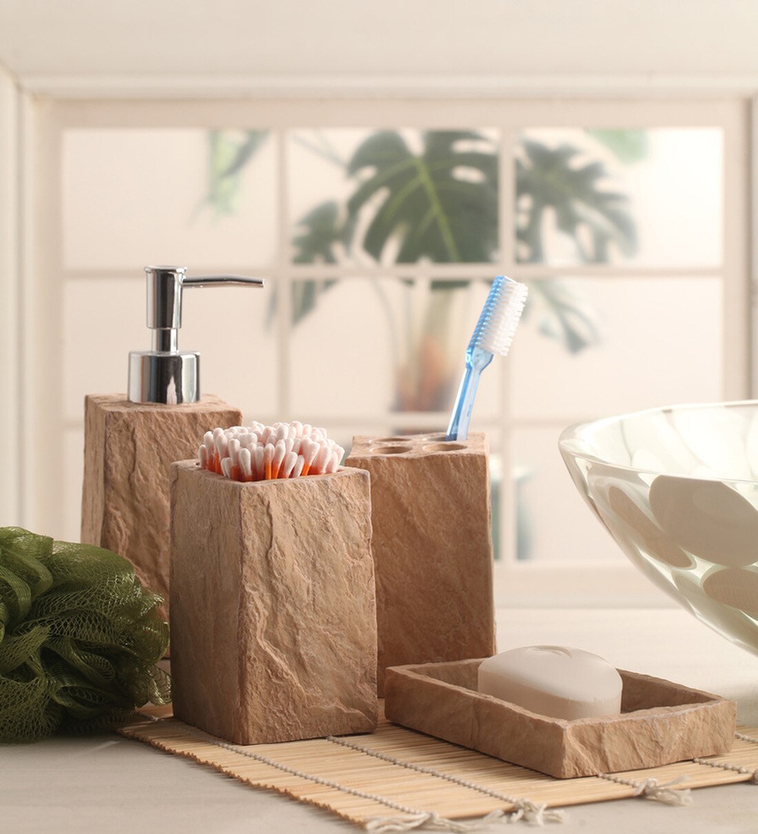 Buy Polyresin Cube Counter Top Bathroom Accessories in Beige, Set of 4