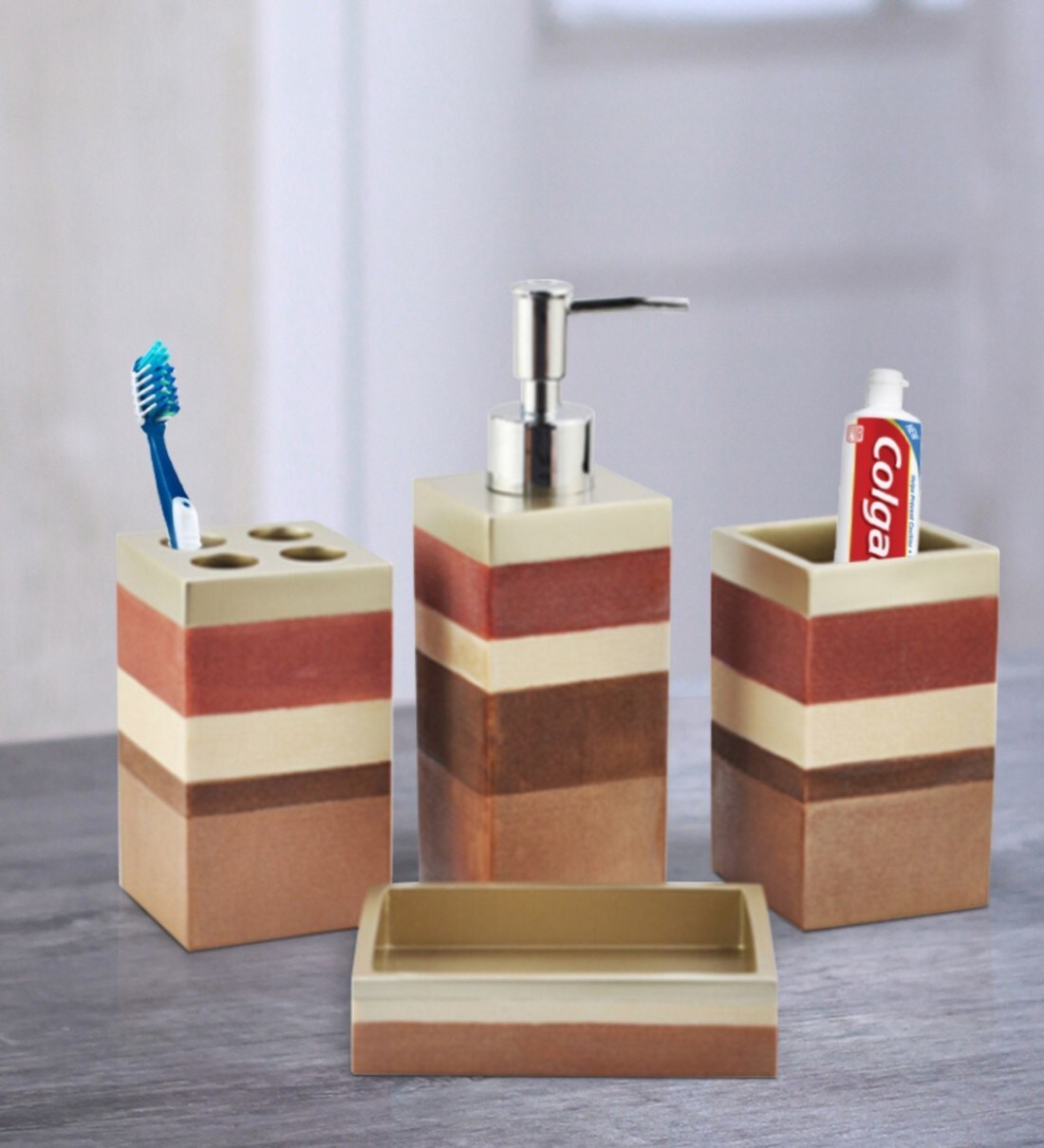 Buy Polyresin Counter Top Bathroom Accessories Set in Red, Set of 4 by