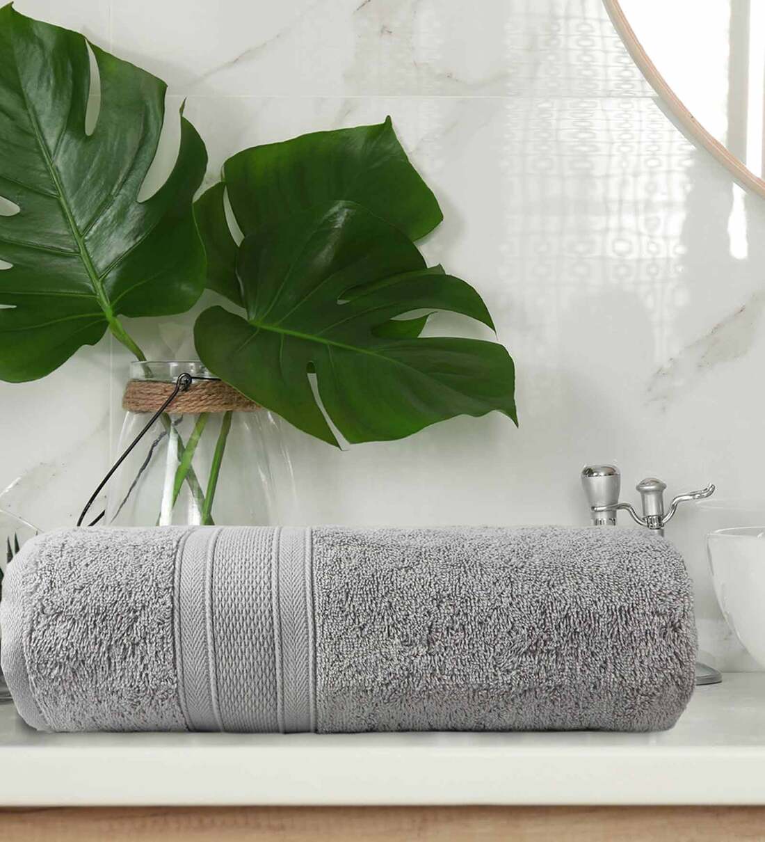 Buy Silver Solid 500 GSM Cotton Bath Towel by Trident Online Solid