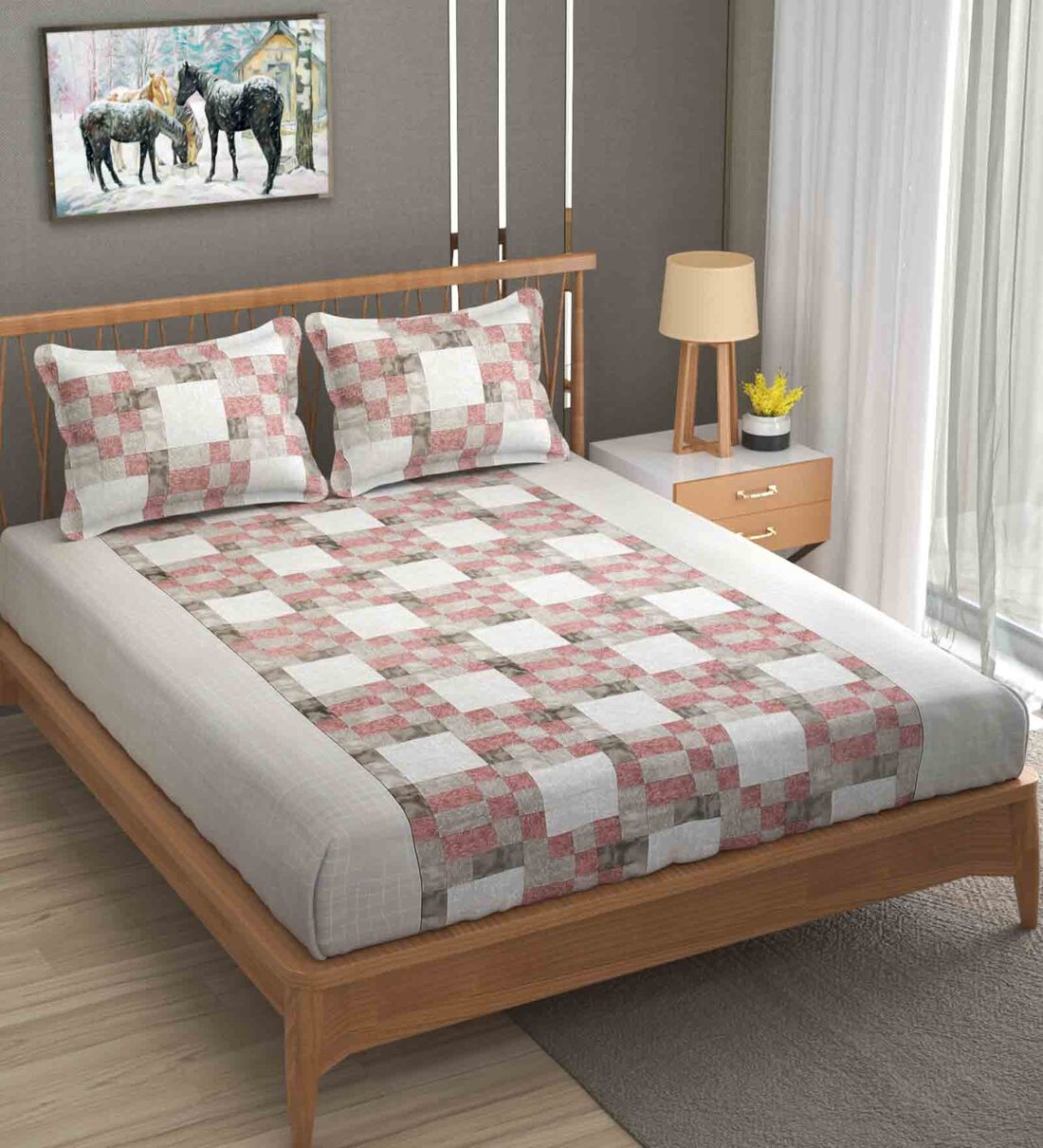 Buy Light Grey Geometric 120 TC Cotton 63 Double Bedsheet with 2 Pillow