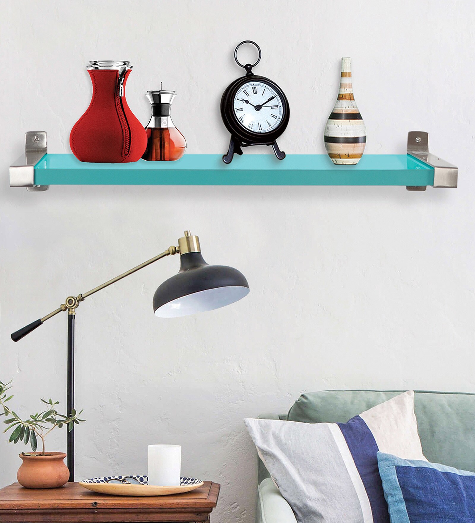 Buy Solid Wood Fixed Bracket Wall Shelf with Satin Silver Brackets in