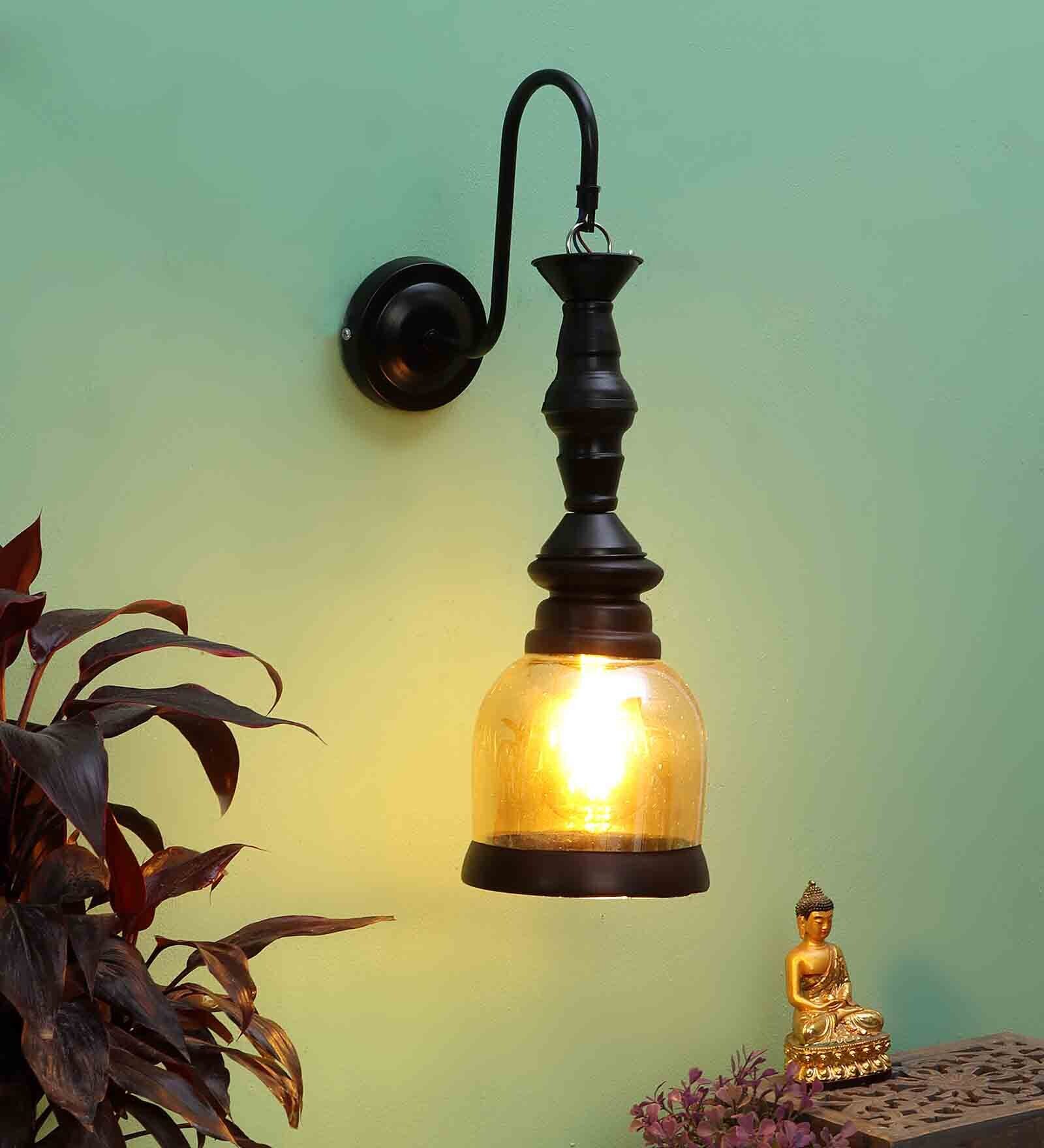 Buy Single Amber Finish Glass Wall Light with Black fitting by ...