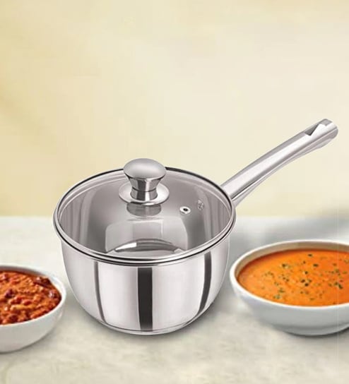 Silver 1.8 Ltrs Tri Ply Induction Base Stainless Steel Sauce Pan With Glass Lid