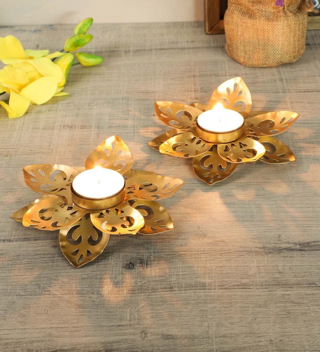 Buy Small Flower Cut Lotus Gold Metal Table Tea Light Holder Set Of 2