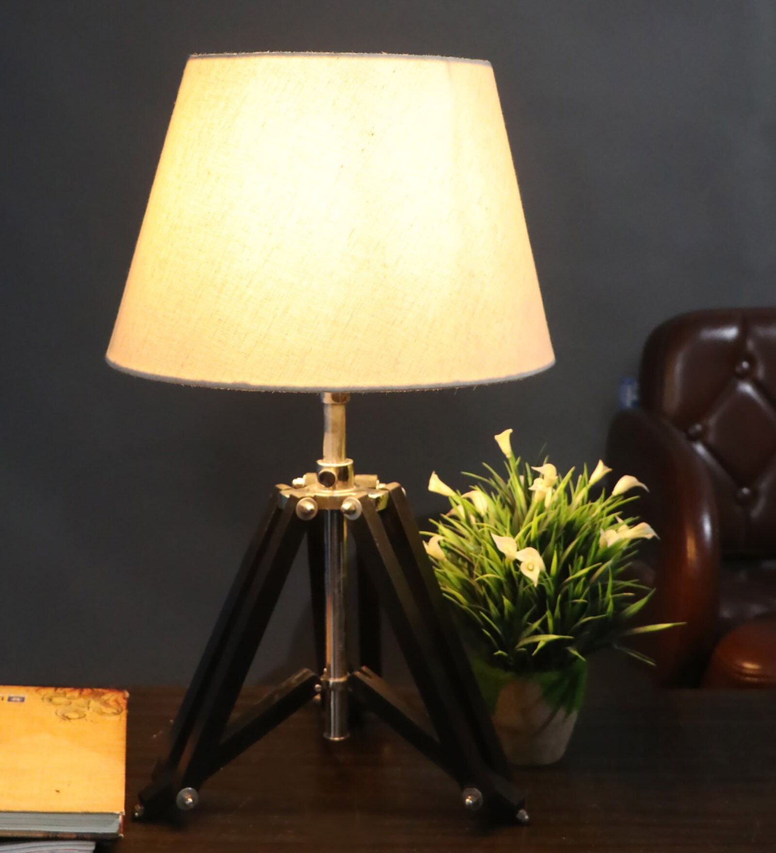 Buy Small Black Tripod Table Lamp With Tapered Beige Lampshade By Black