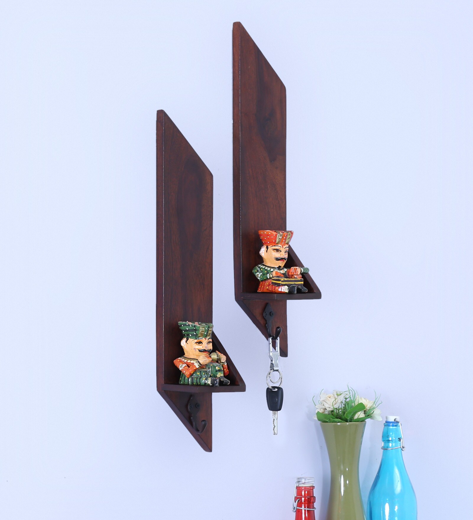 Buy Brown Solid Wood Wall Shelves With Hooks Set Of 2 Key Holder at 42 OFF by Craft Tree