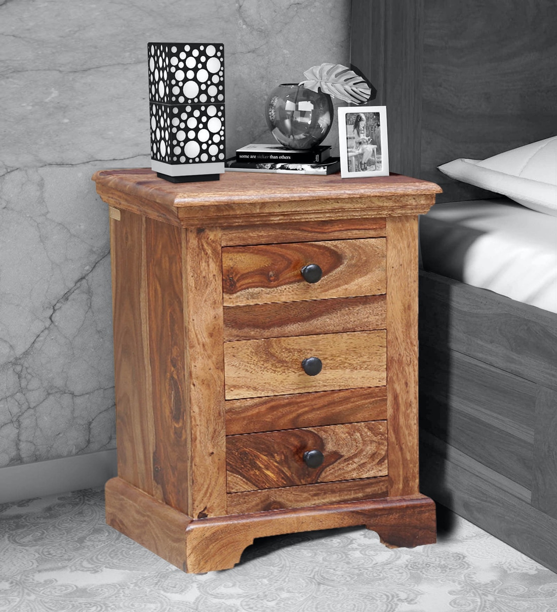 Buy Stanfield Sheesham Wood Bedside Chest in Rustic Teak Finish Online