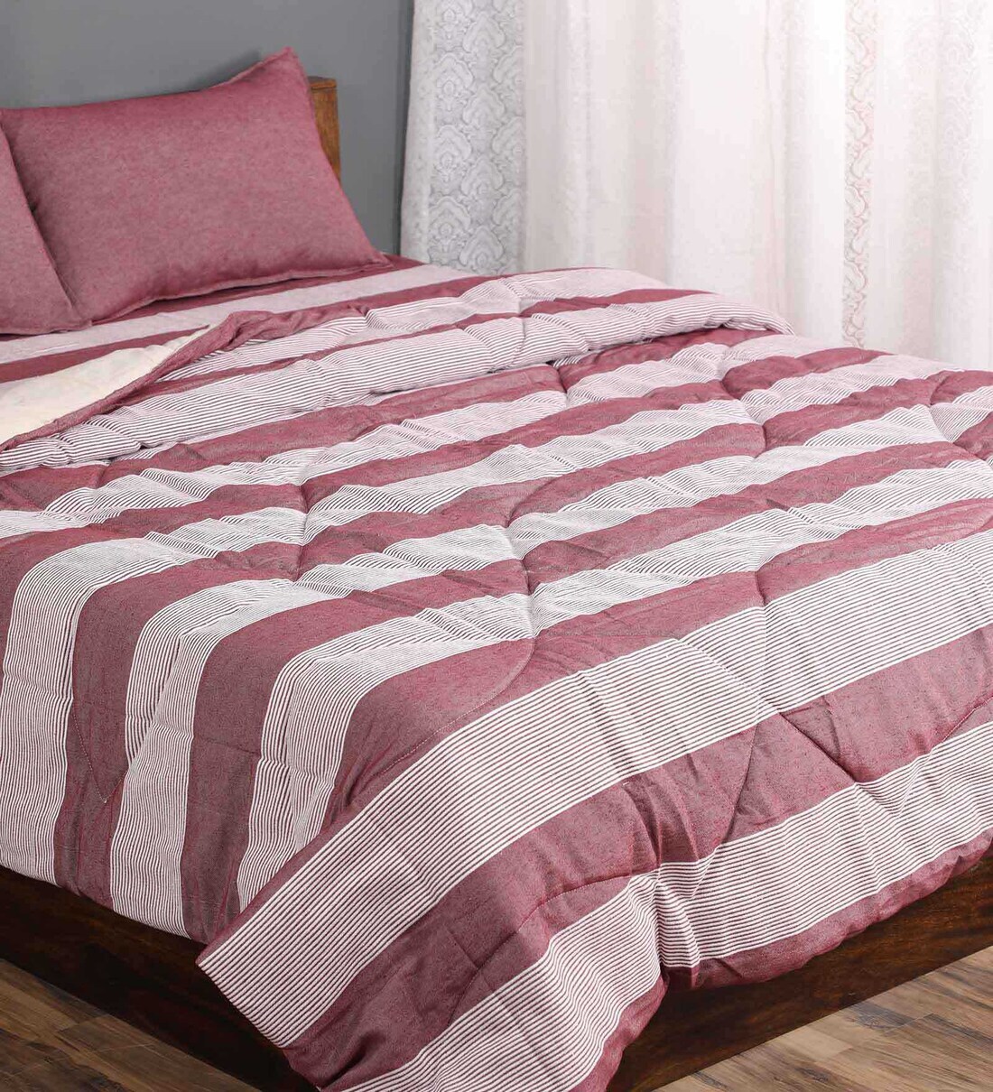 Buy Purple Striped 210 TC Cotton (Set of 4) Double Bed Bedding Sets by