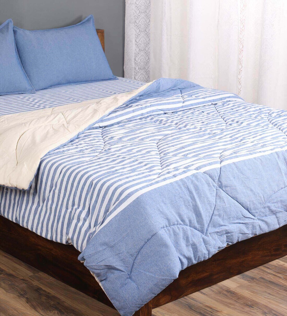 Buy Blue Striped 210 TC Cotton (Set of 4) Double Bed Bedding Sets by