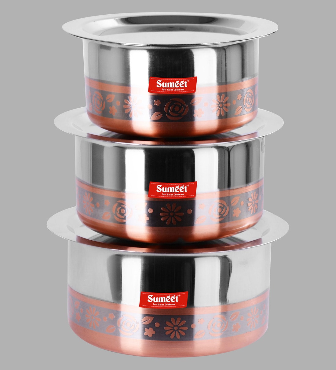 Buy Stainless Steel Designer Copper Bottom Cooking Pot Set of 3 By