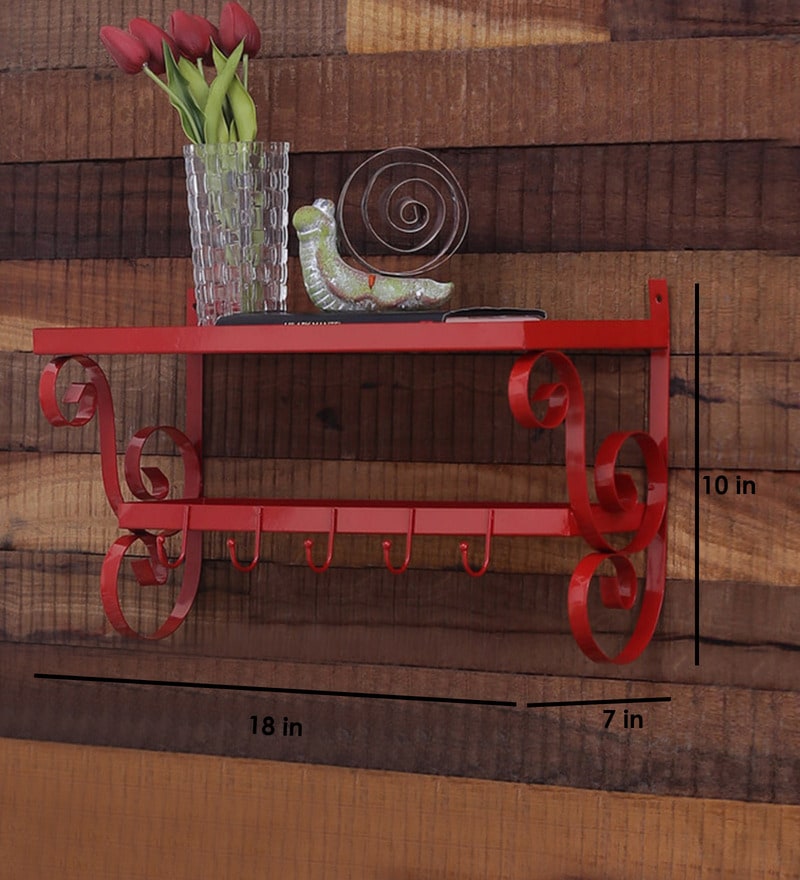 Buy Metallic Decorative Wall Shelf with Hooks in Red Colour by Home