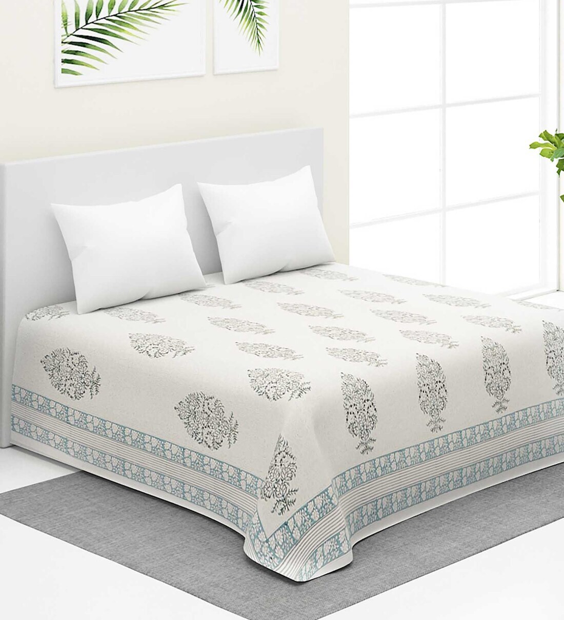 Buy Teal Floral 163 TC Cotton Double Bed Cover by Fabindia Online