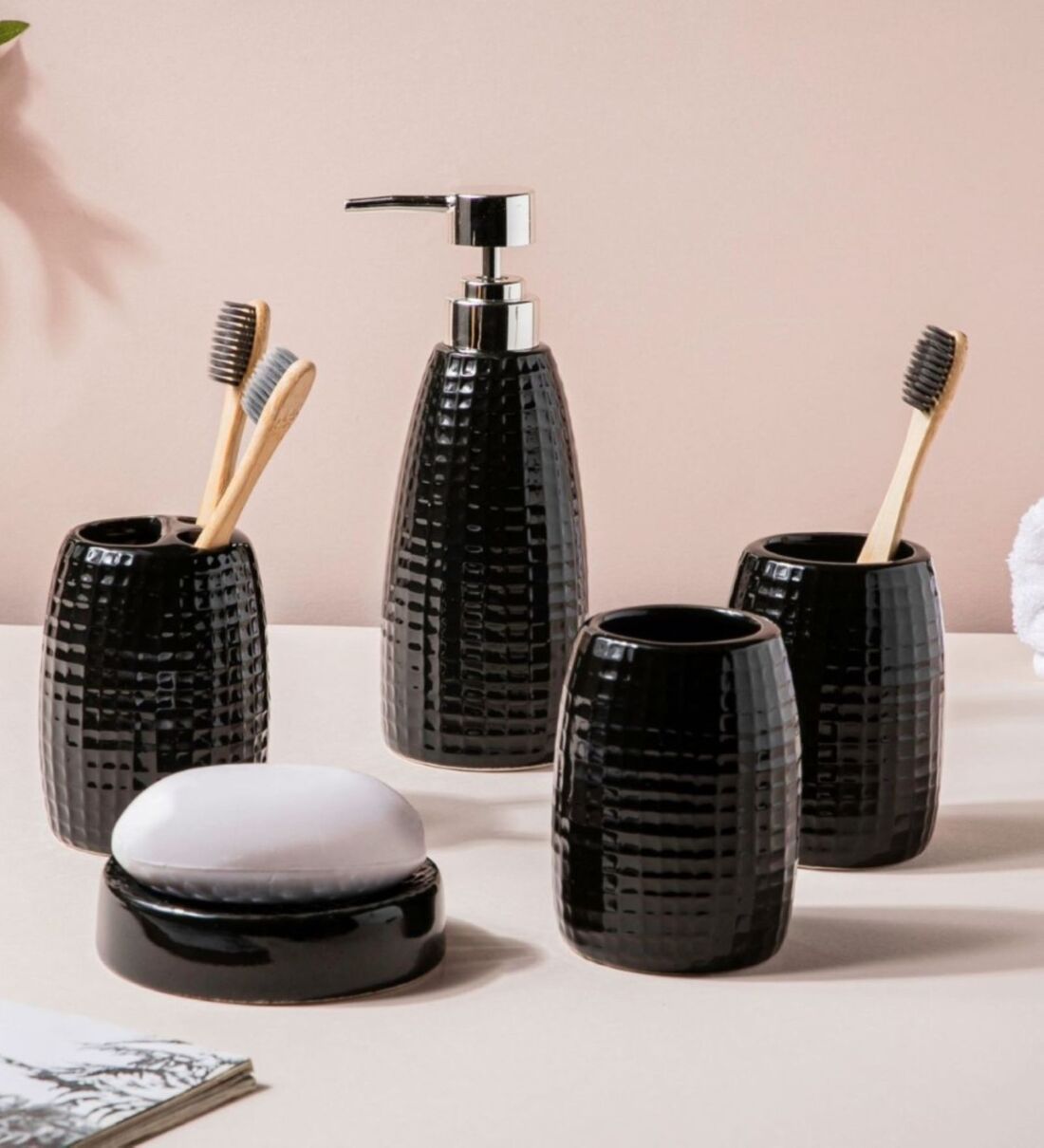Buy Texture Black Ceramic Bathroom Accessory Set Online Soap
