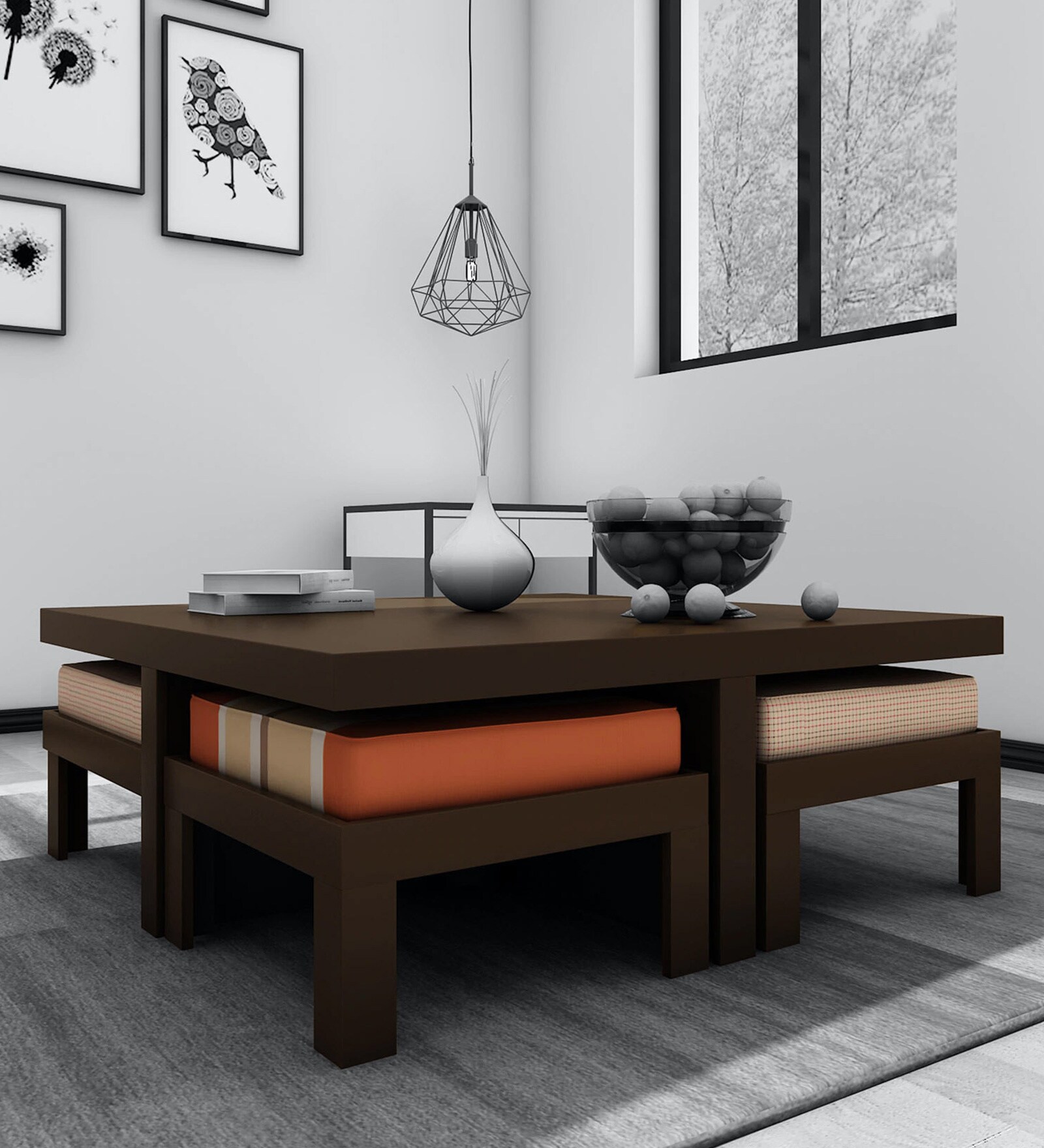 Buy Trendy Nesting Coffee Table Set in Rust Delite Finish with 4 Stools