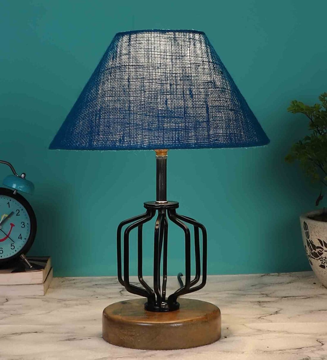 Buy Turqouise Shade Table Lamp With Shade Table Lamp With Wood & Iron ...