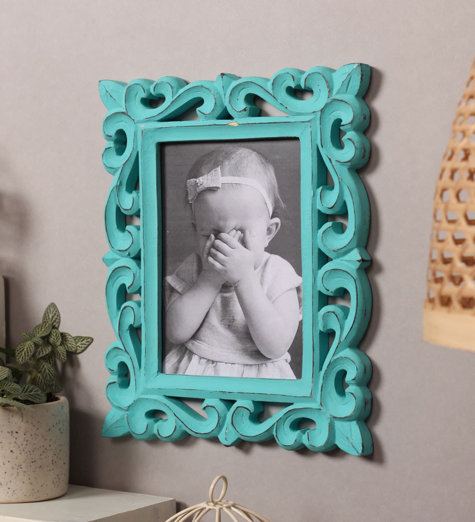 Buy Turquoise Wooden Handcrafted Vertical Wall Hanging Photo Frame By