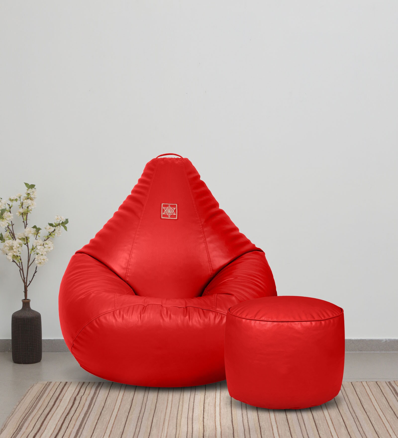 Buy Unique XXL Leatherette Bean Bag Cover in Red Colour with Pouffe