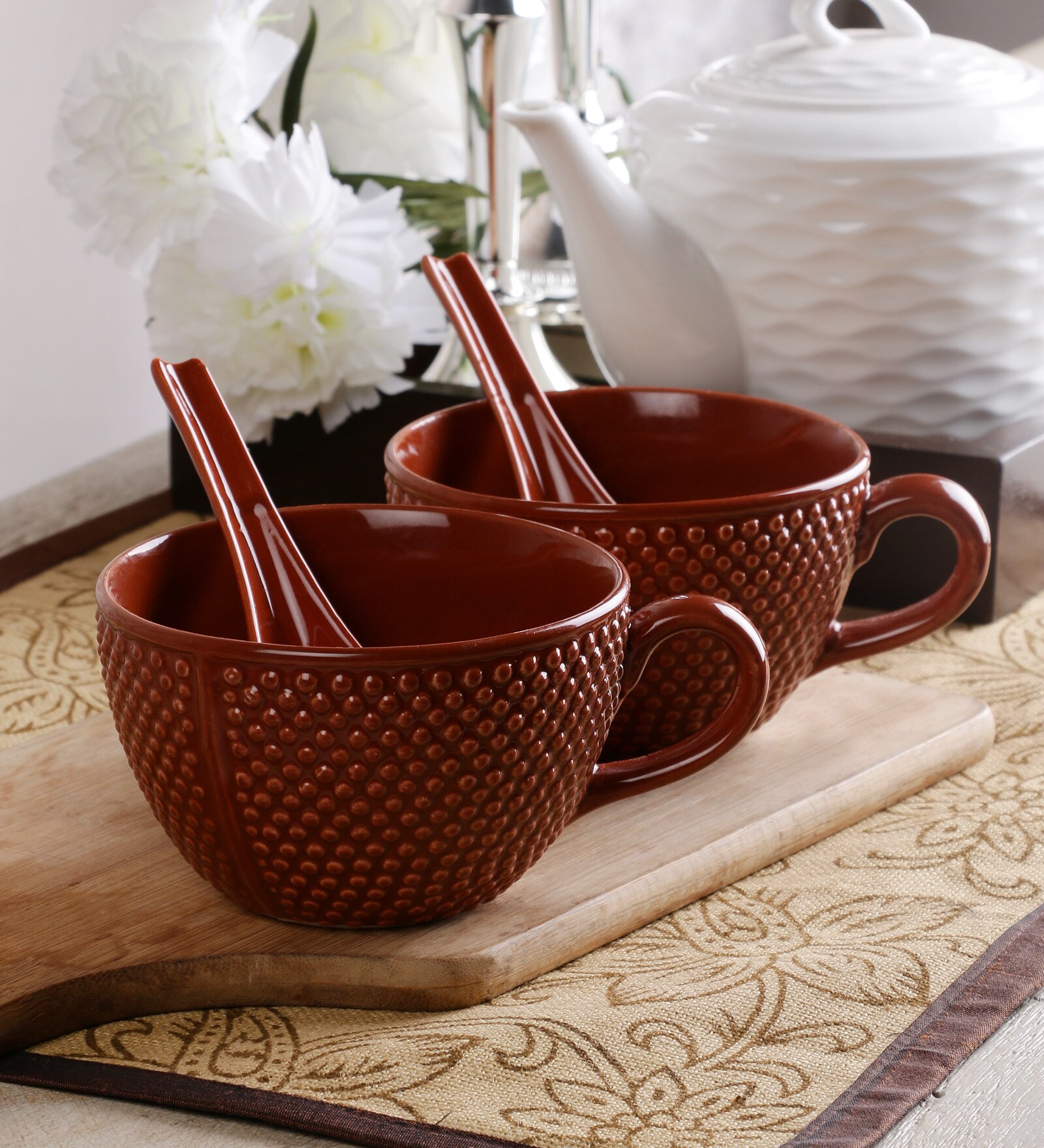 Buy Unravel India Saffron Ceramic Soup Bowl With Spoon Set Of 6 Online