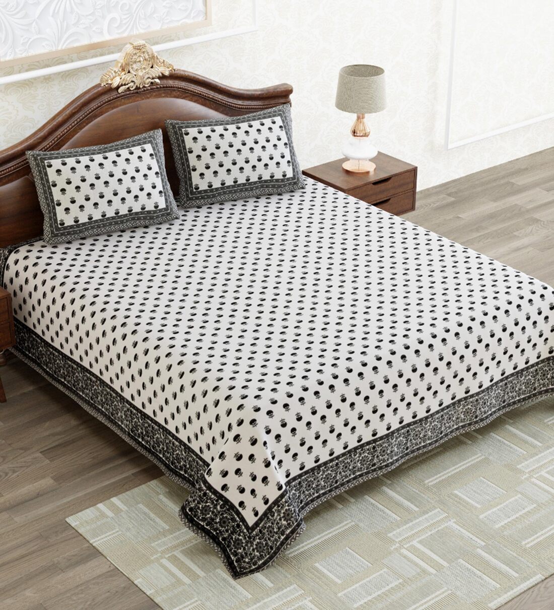 Buy Grey Floral 240 TC Cotton Queen Sized Bed Sheets with 2 Pillow