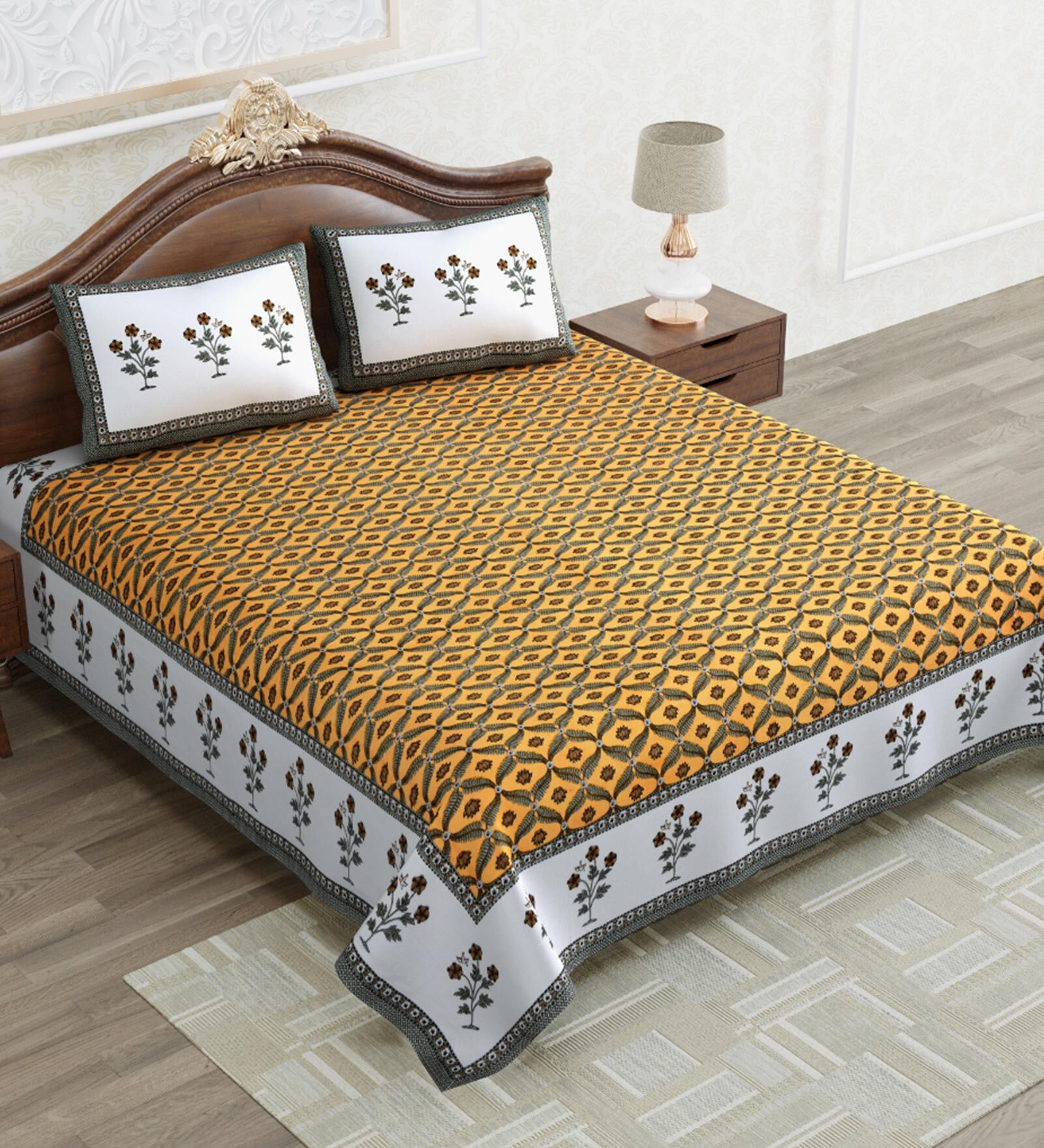 Buy Yellow Floral 240 TC Cotton Queen Sized Bed Sheets with 2 Pillow