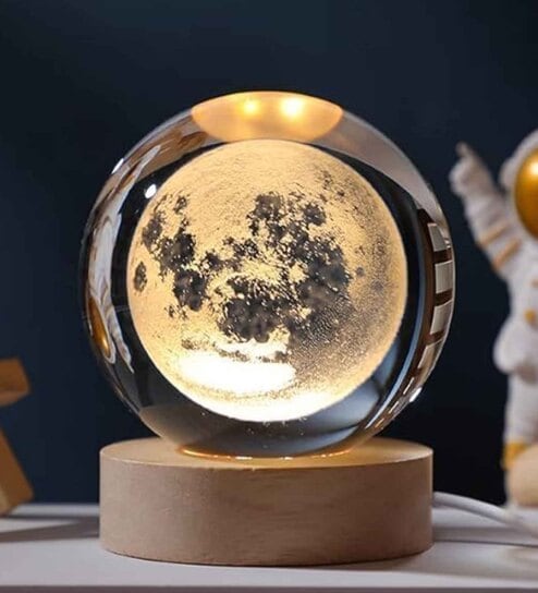 USB Powered 3D Crystal Moon Lamp with Wooden Base Offers & Cashback