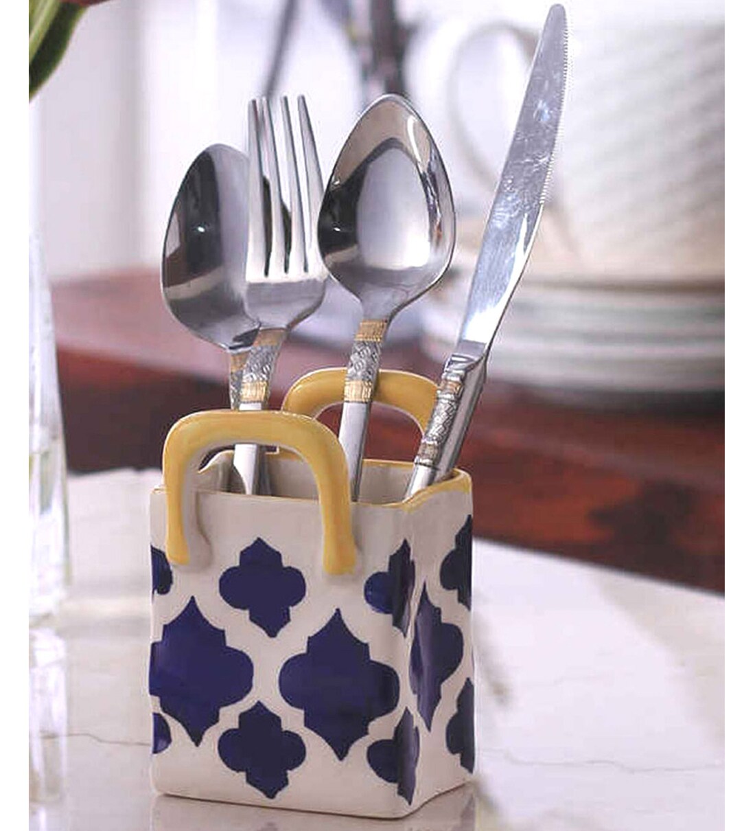 Buy Mughal White & Blue Ceramic Cutlery Holder at 100 OFF by Vareesha