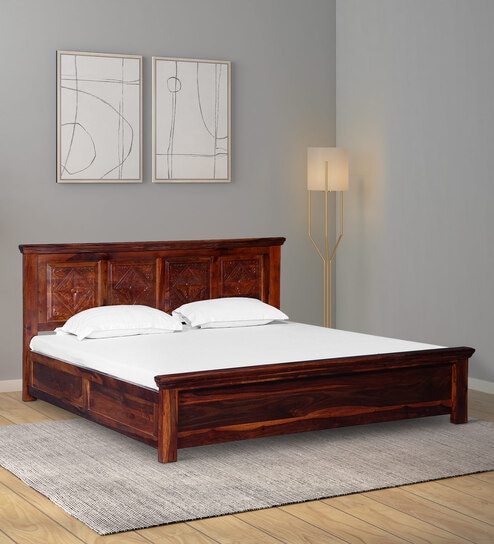 Buy Vayaka Sheesham Wood King Size Bed In Honey Oak Finish With Box ...