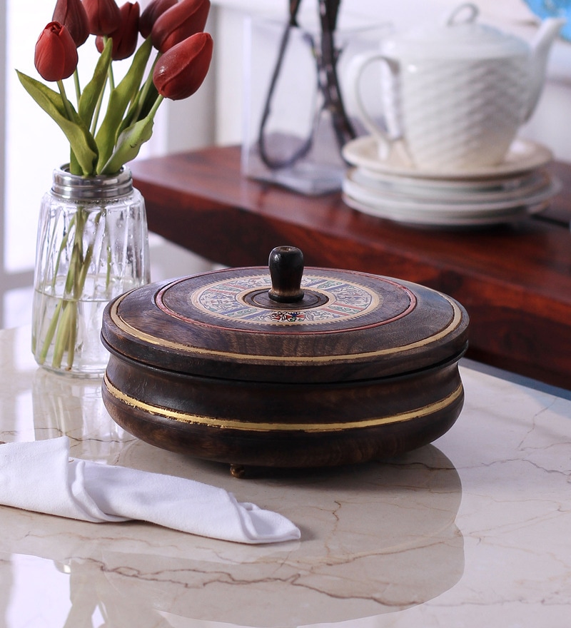 Dark Wood Tableware Bar hand painted brown 1000 ml wooden casserole by vareesha