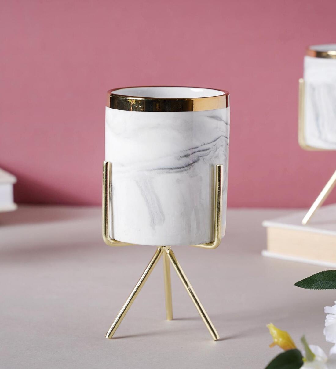 Buy White & Gold Flora Marble Planter With Metal St& at 28 OFF by