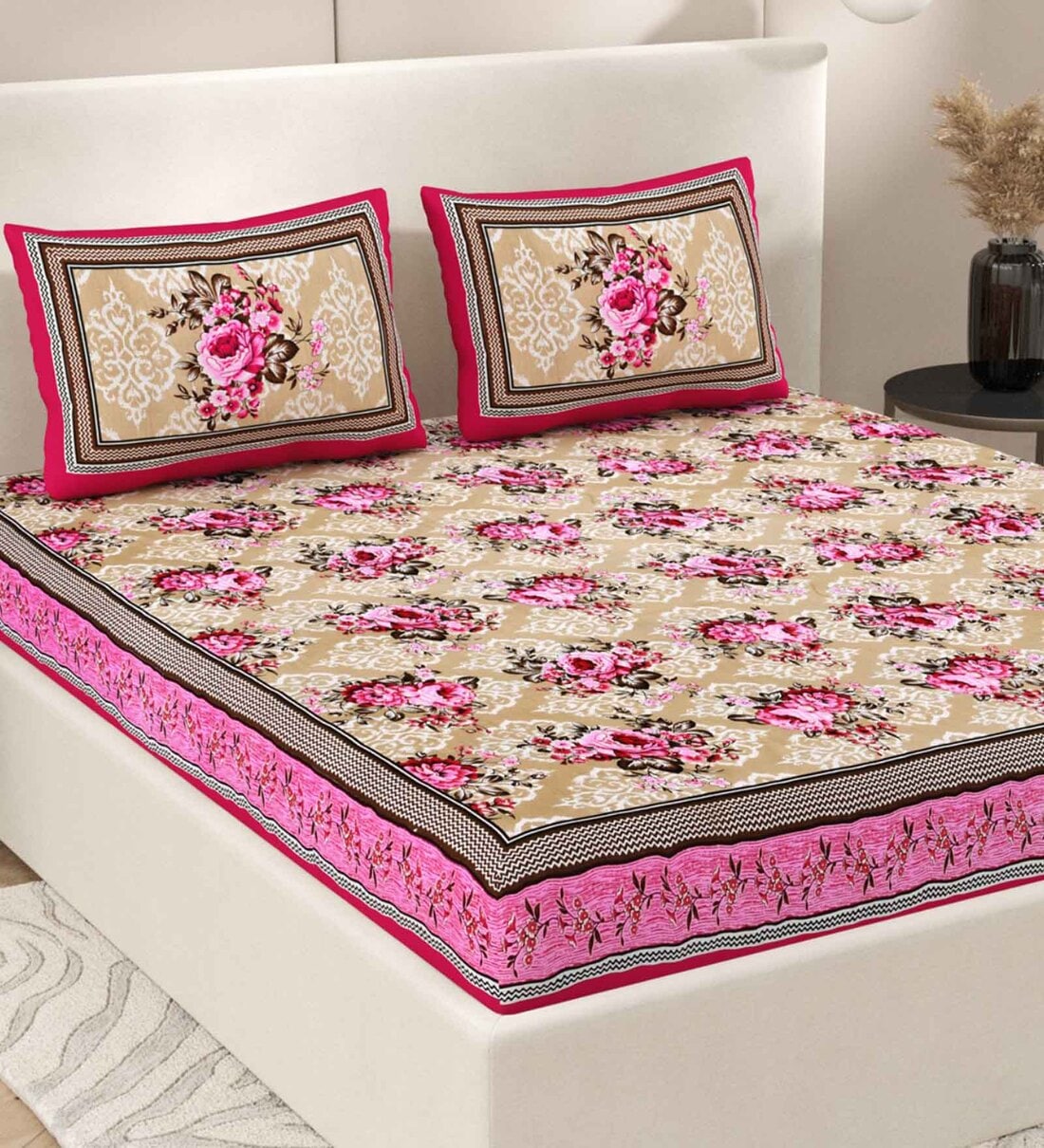 Buy White Geometric 200 TC Cotton Double Bedsheet with 2 Pillow Covers