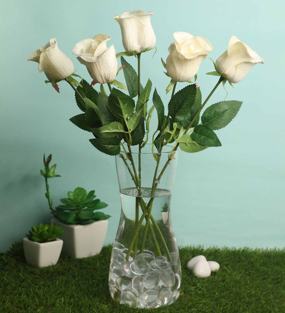 Buy White Polyurethane Rose Artificial Flower, Pack of 5 by Pollination