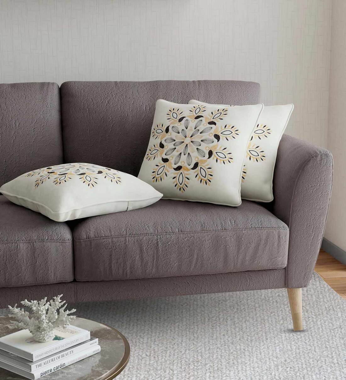 Buy White Traditional Cotton 16 x 16 Inch Embroidered Cushion Cover by