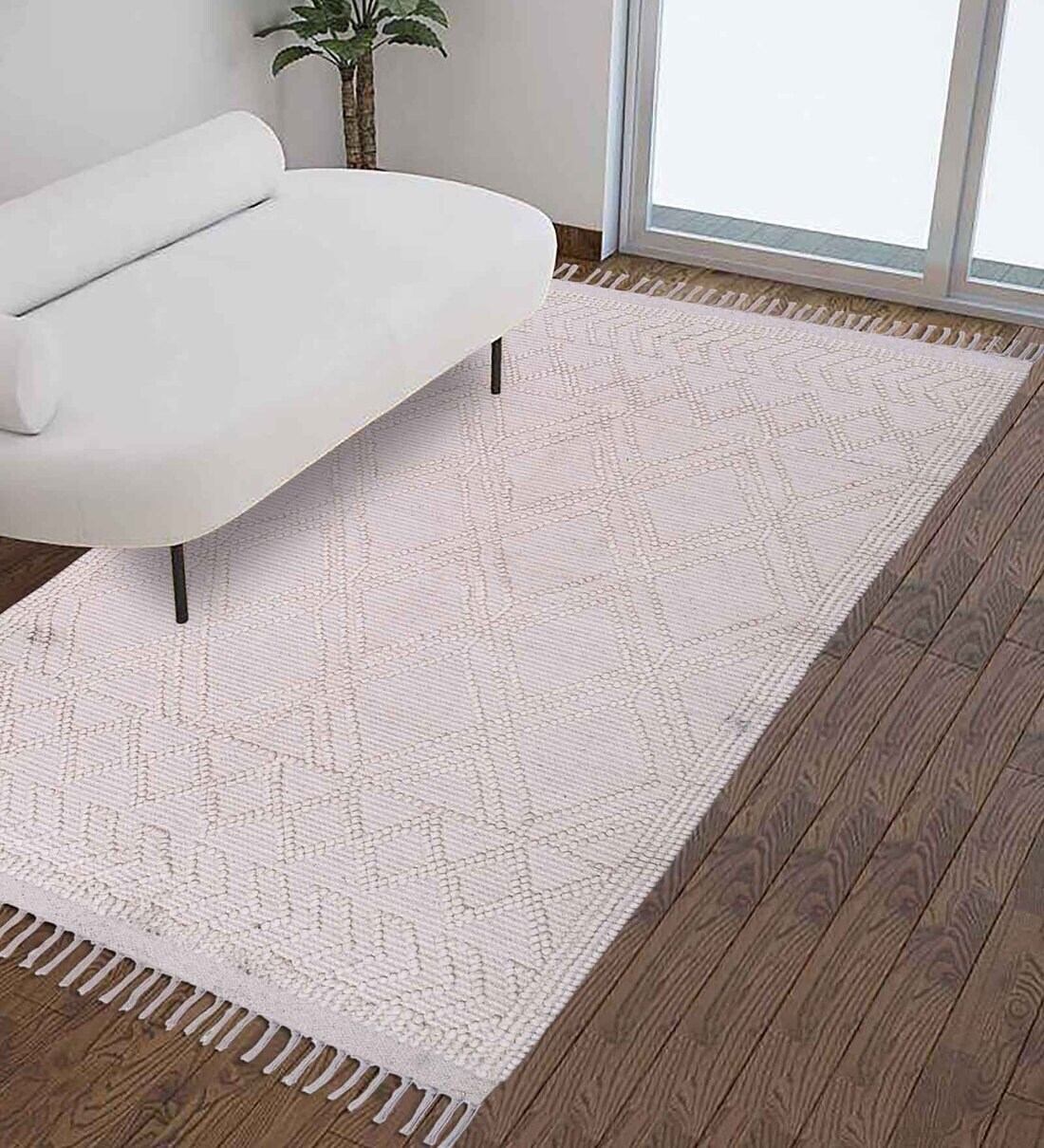 Buy White Wool Plain Solids 4 ft x 6.5 ft Hand Woven Carpet by
