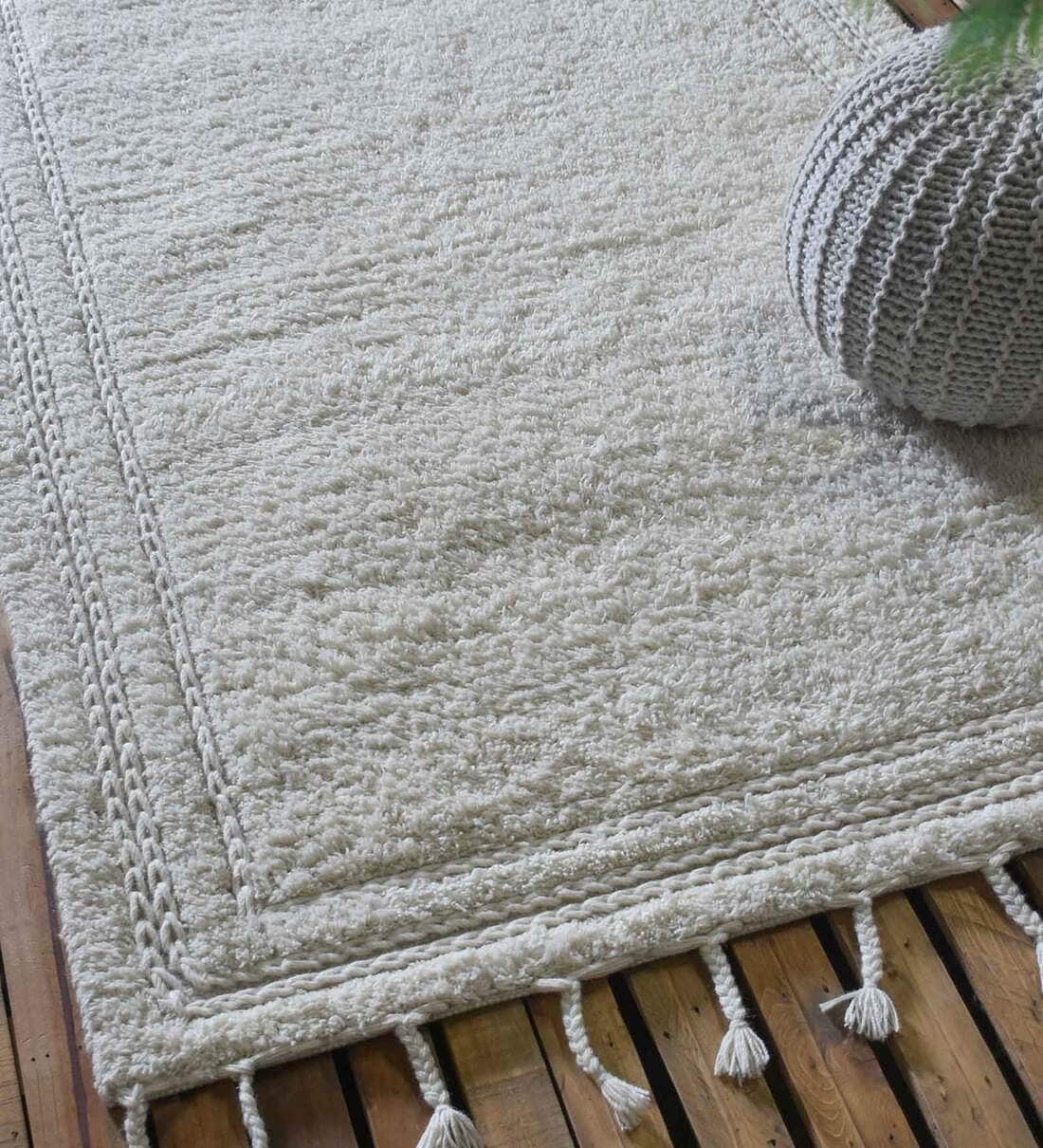 Buy White Striped Wool 6 ft x 9 ft Hand Woven Carpet by The Rug