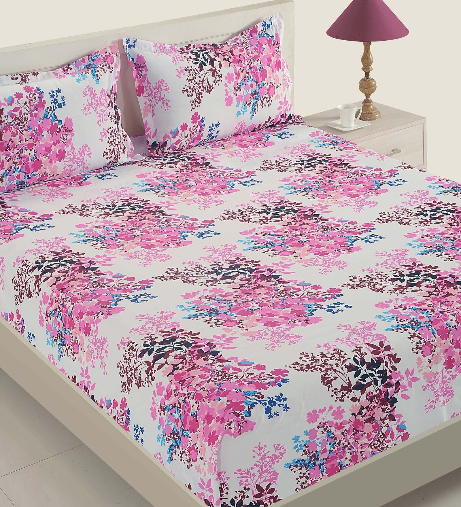 Buy Pink Floral 160 Tc Cotton 1 Double Bedsheet With 2 Pillow Covers By