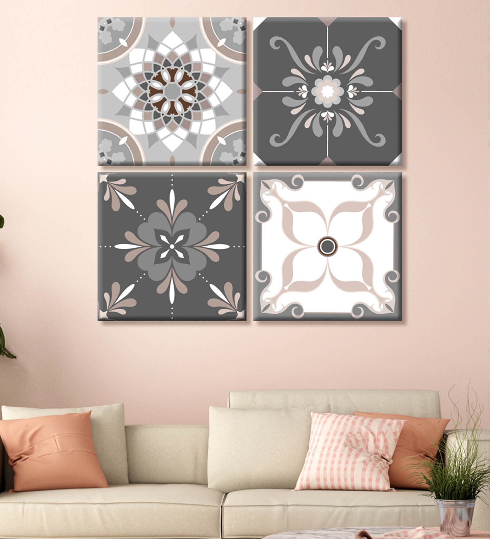 Buy White And Grey Floral Printed Canvas Art Panel By 999Store Online