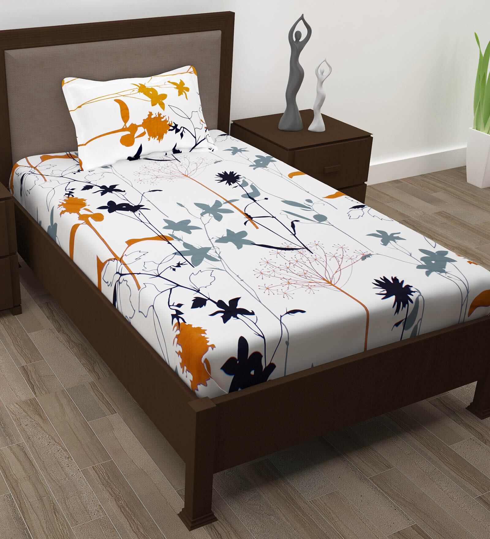 Buy White Floral 186 TC 100 Cotton Single Bed Sized Bed Sheets With 1 Pillow Cover by Story