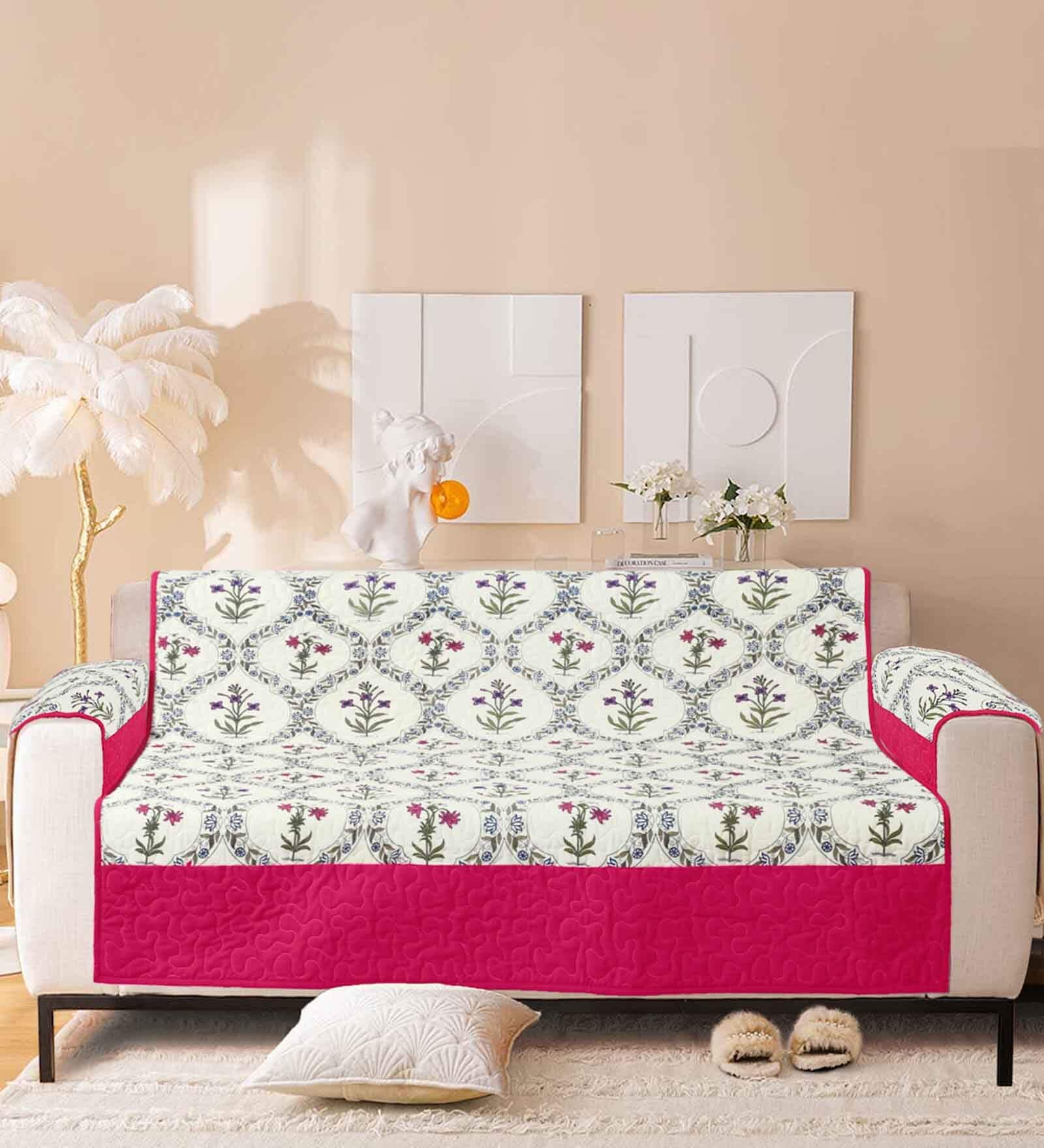 Buy White Floral Cotton 2 Seater Sofa Cover with Arm Rest Cover by