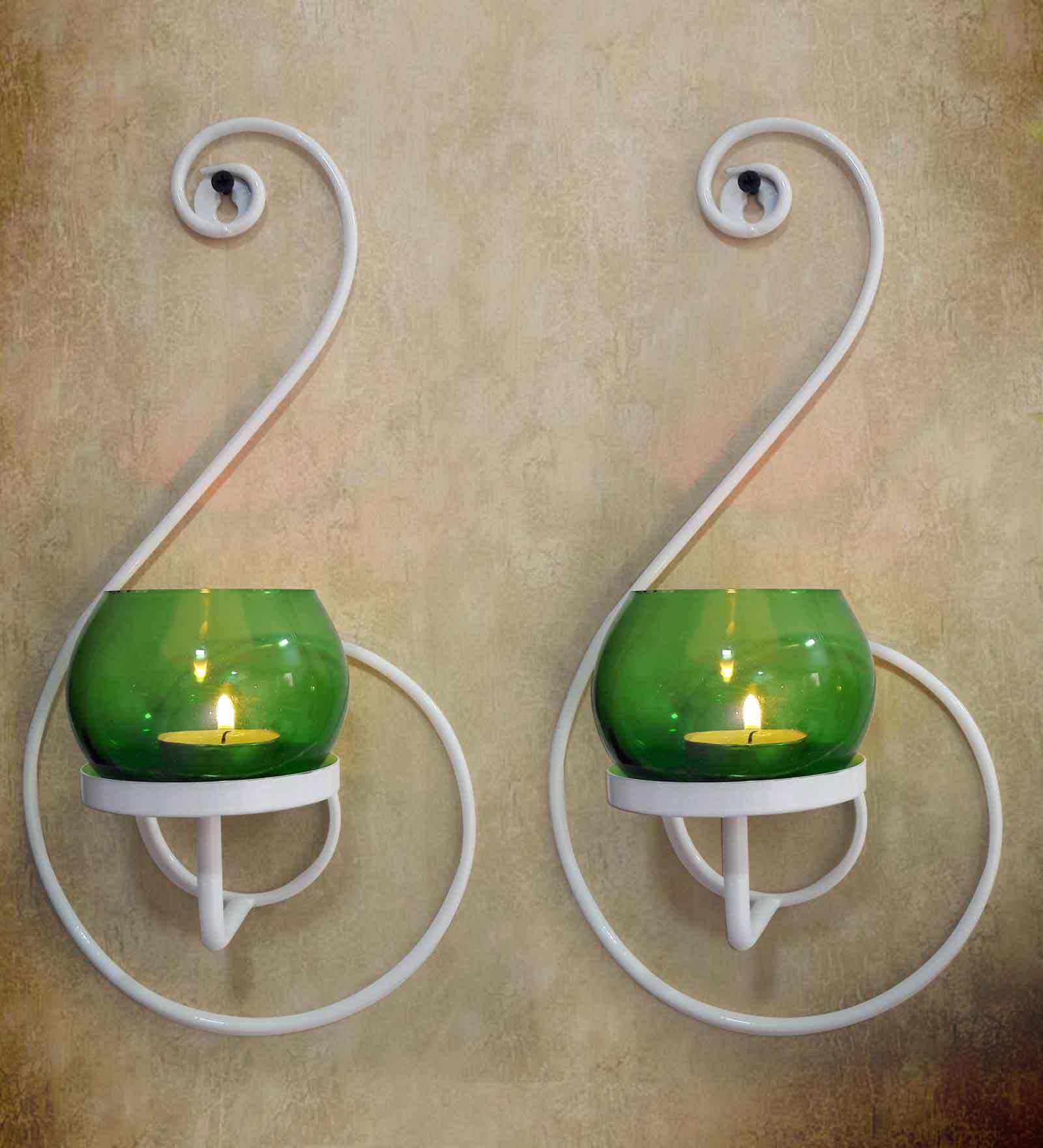 Buy White Glass Set Of 2 Wall Hanging Stand With 2 Candle Holders By