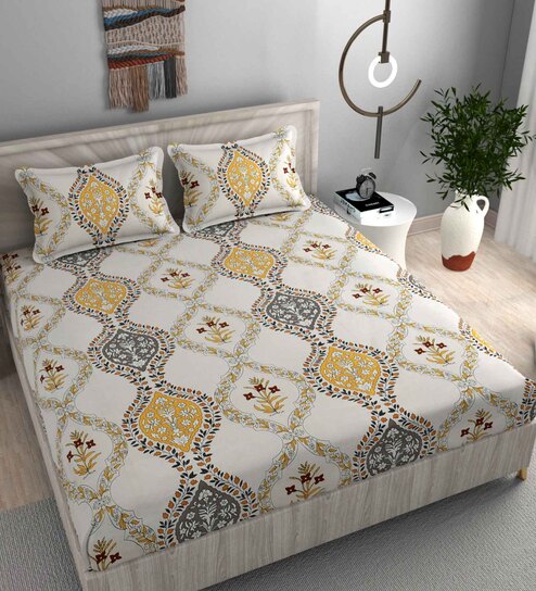 White Abstract 220 TC Microfiber King Size Fitted Bedsheet With 2 Pillow Covers deal from pepperfry