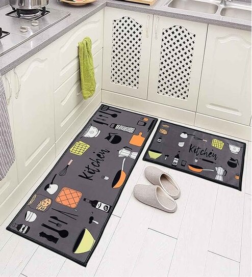 Grey Kitchen Theme Polyester Antiskid Machine Made Floor Runner and Door Mat Combo Offers & Cashback