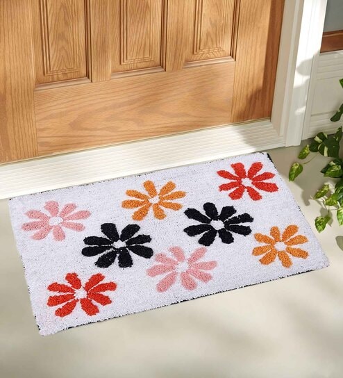 price history - White Floral Cotton 24x16 Inches AntiSkid Door Mat (1Pc)