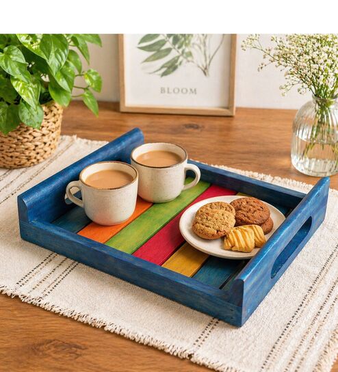 Wood Serving Tray, Wooden Tray (Blue, Size Small 8X8 Inch)