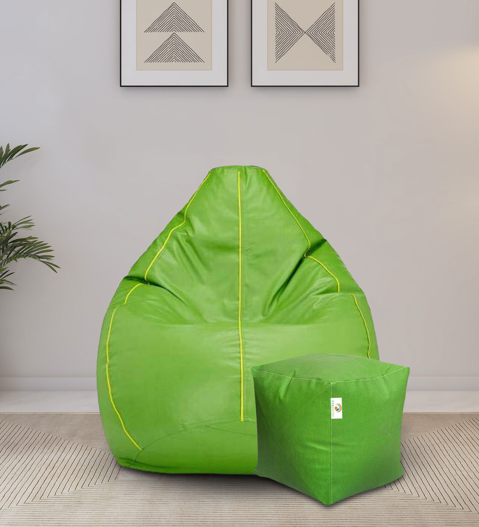 Buy XXXL Leatherette Bean Bag with Beans in Green Colour with Pouffe at