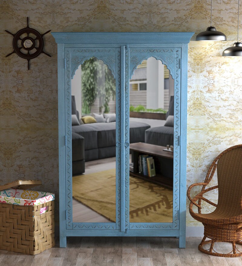 Buy Phoenix Solid Wood Wardrobe In Blue Distress Finish By