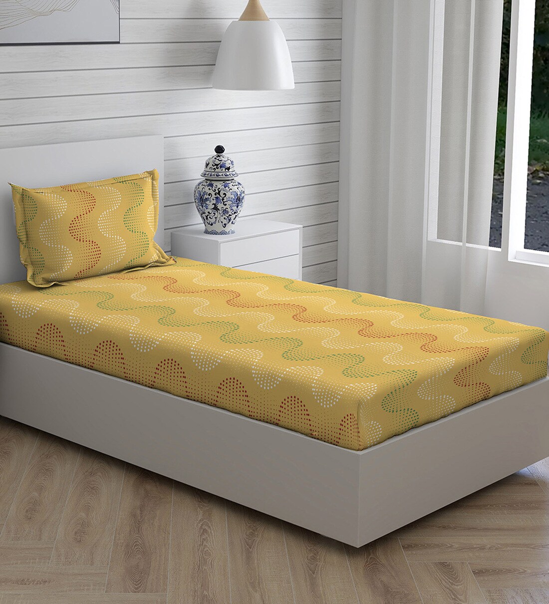 Buy Yellow Abstract 146 TC Cotton Single Bed Sized Bed Sheets With 1