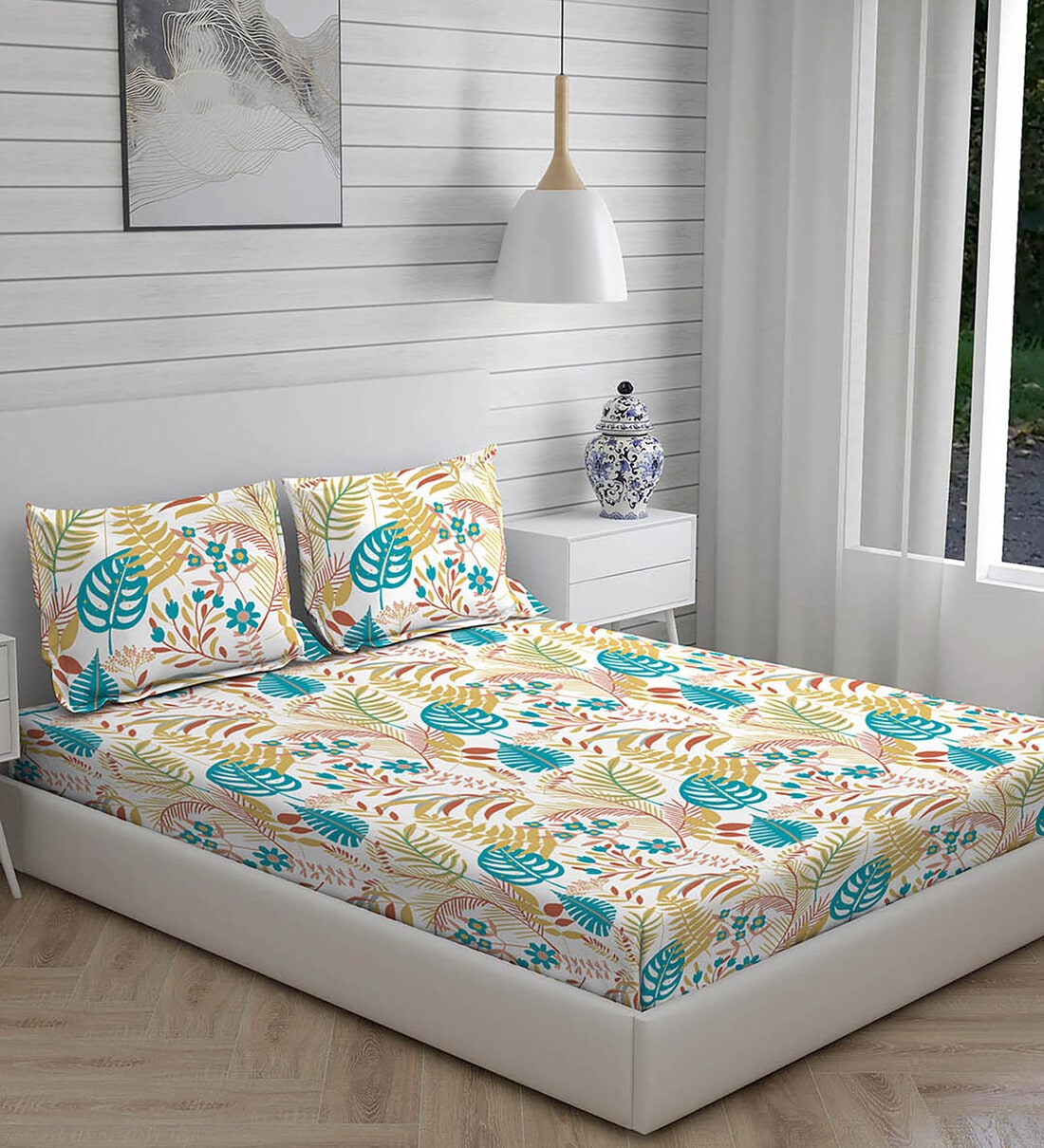 Buy Yellow Floral 225 TC Cotton King Sized Bed Sheets with 2 Pillow