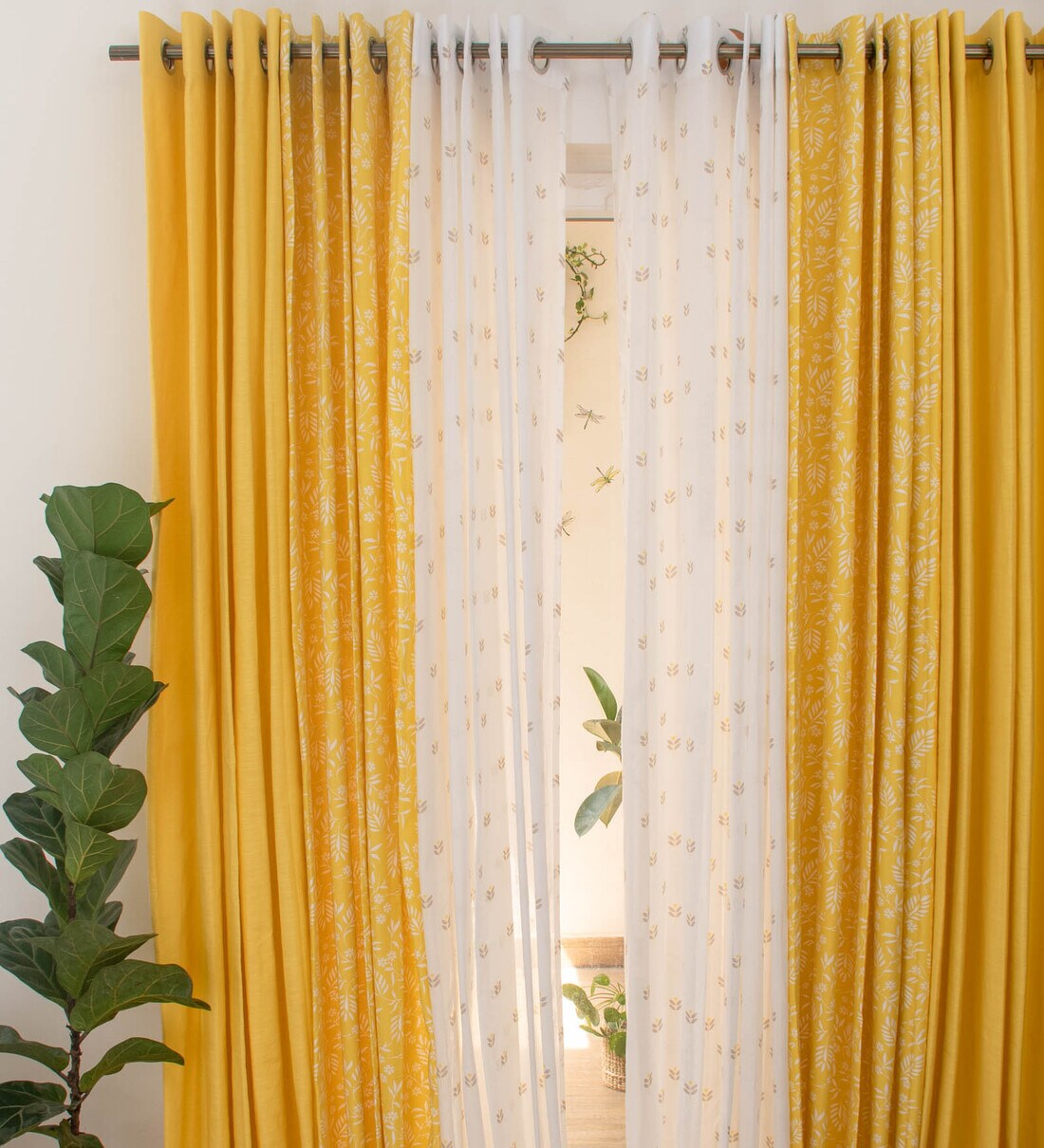 Buy Yellow Floral Cotton 7.5 Ft Semisheer Eyelet Door Curtain by The